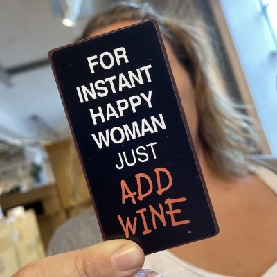 Magnet happy woman add wine